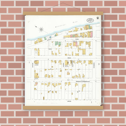 Old map wall art mockup — magnetic wood frame on brick wall — Sanborn Fire Insurance Map from Sabula, Jackson County, Iowa (1899), Sheet #0002