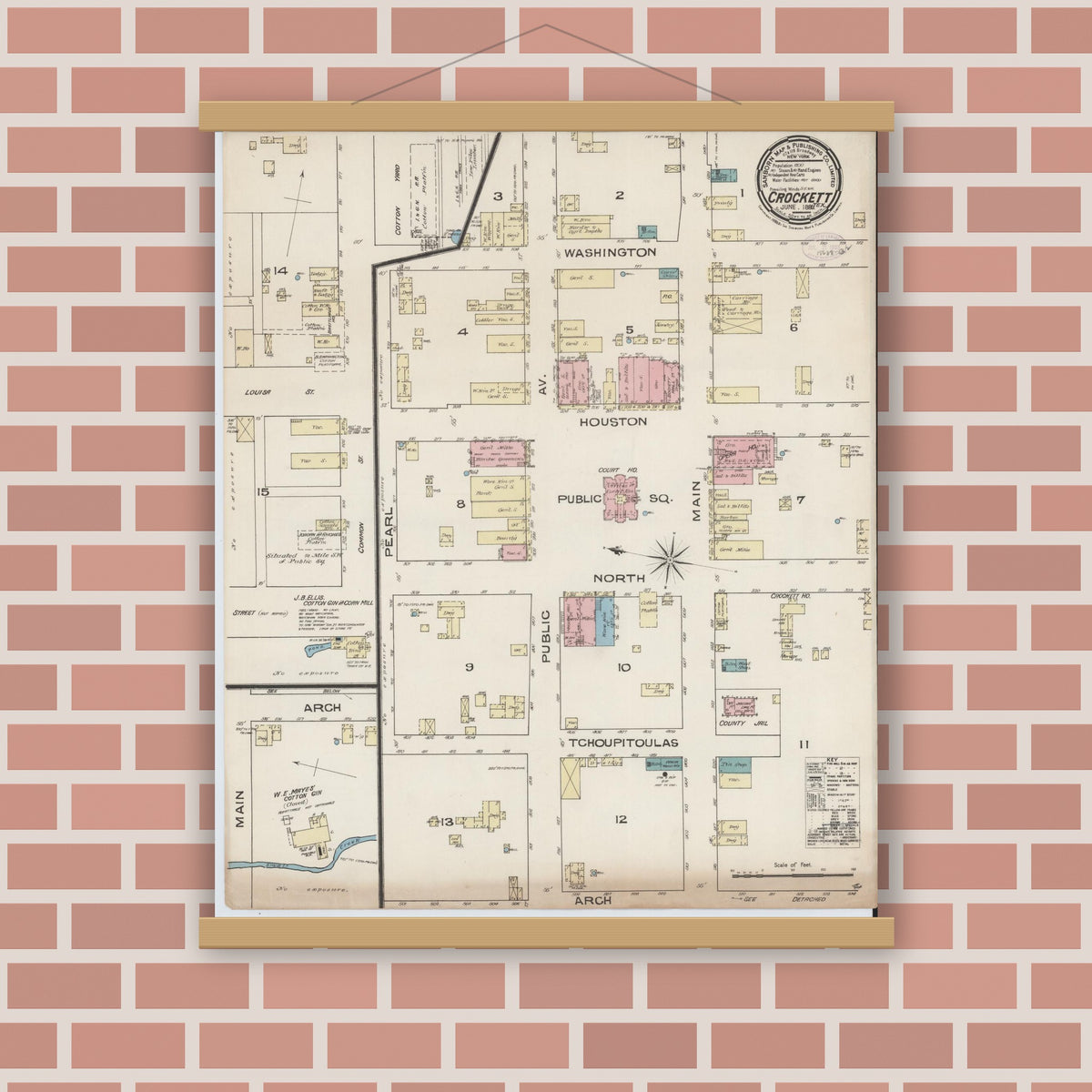 Old map wall art mockup — magnetic wood frame on brick wall — Sanborn Fire Insurance Map from Crockett, Houston County, Texas (1885), Sheet #0001