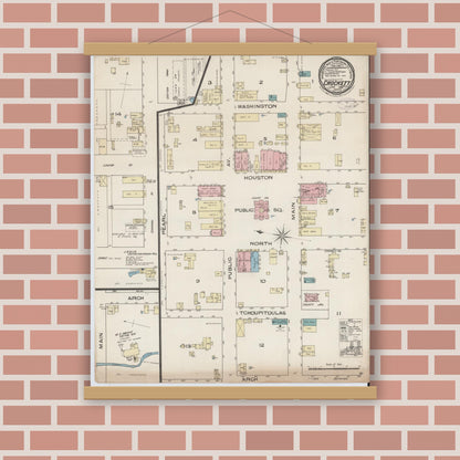 Old map wall art mockup — magnetic wood frame on brick wall — Sanborn Fire Insurance Map from Crockett, Houston County, Texas (1885), Sheet #0001
