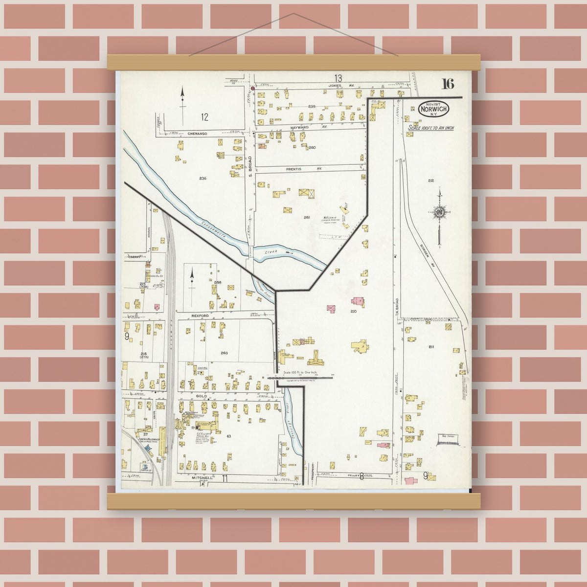 Old map wall art mockup — magnetic wood frame on brick wall — Sanborn Fire Insurance Map from Norwich, Chenango County, New York (1917), Sheet #0016