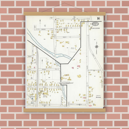 Old map wall art mockup — magnetic wood frame on brick wall — Sanborn Fire Insurance Map from Norwich, Chenango County, New York (1917), Sheet #0016