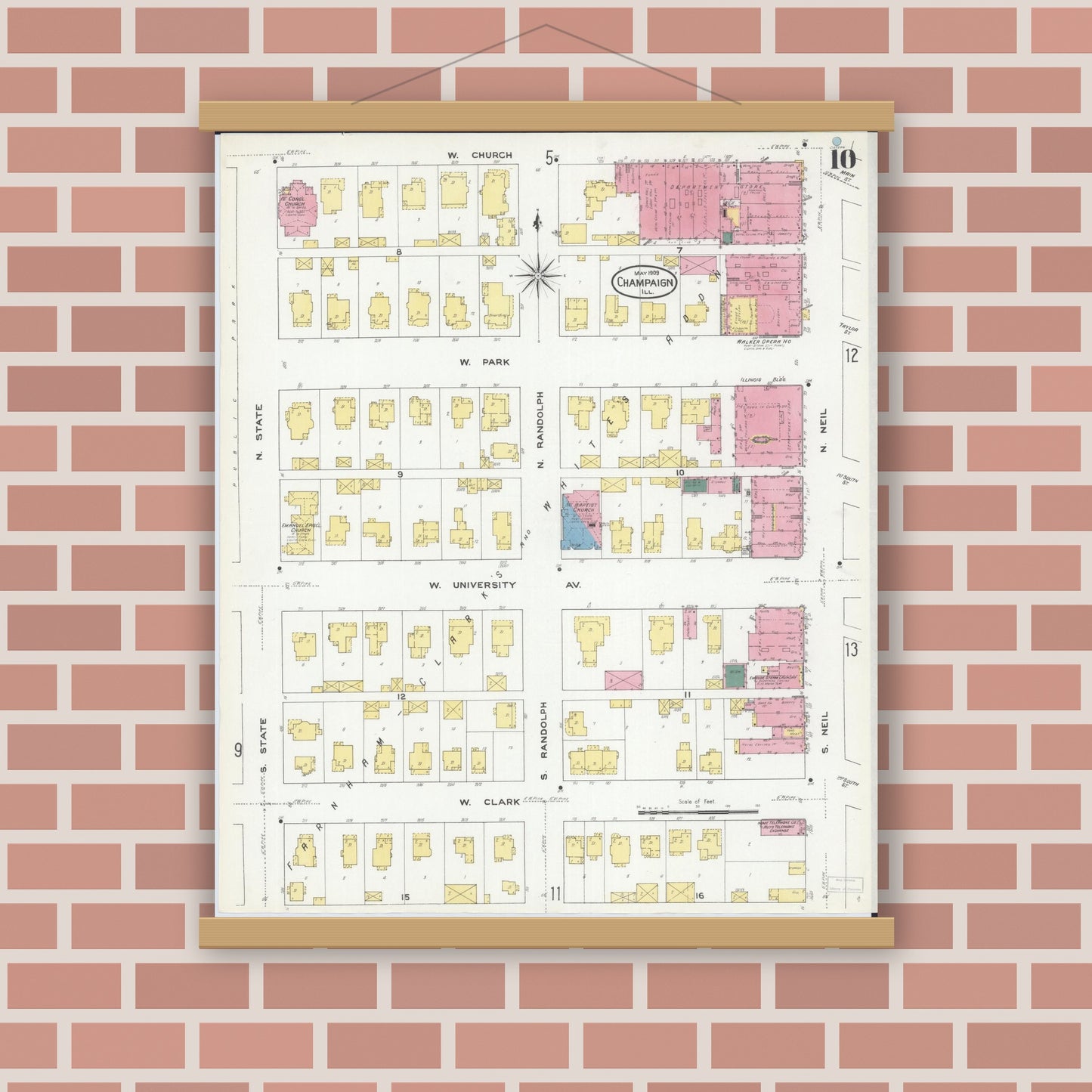 Old map wall art mockup — magnetic wood frame on brick wall — Sanborn Fire Insurance Map from Champaign, Champaign County, Illinois (1909), Sheet #0010