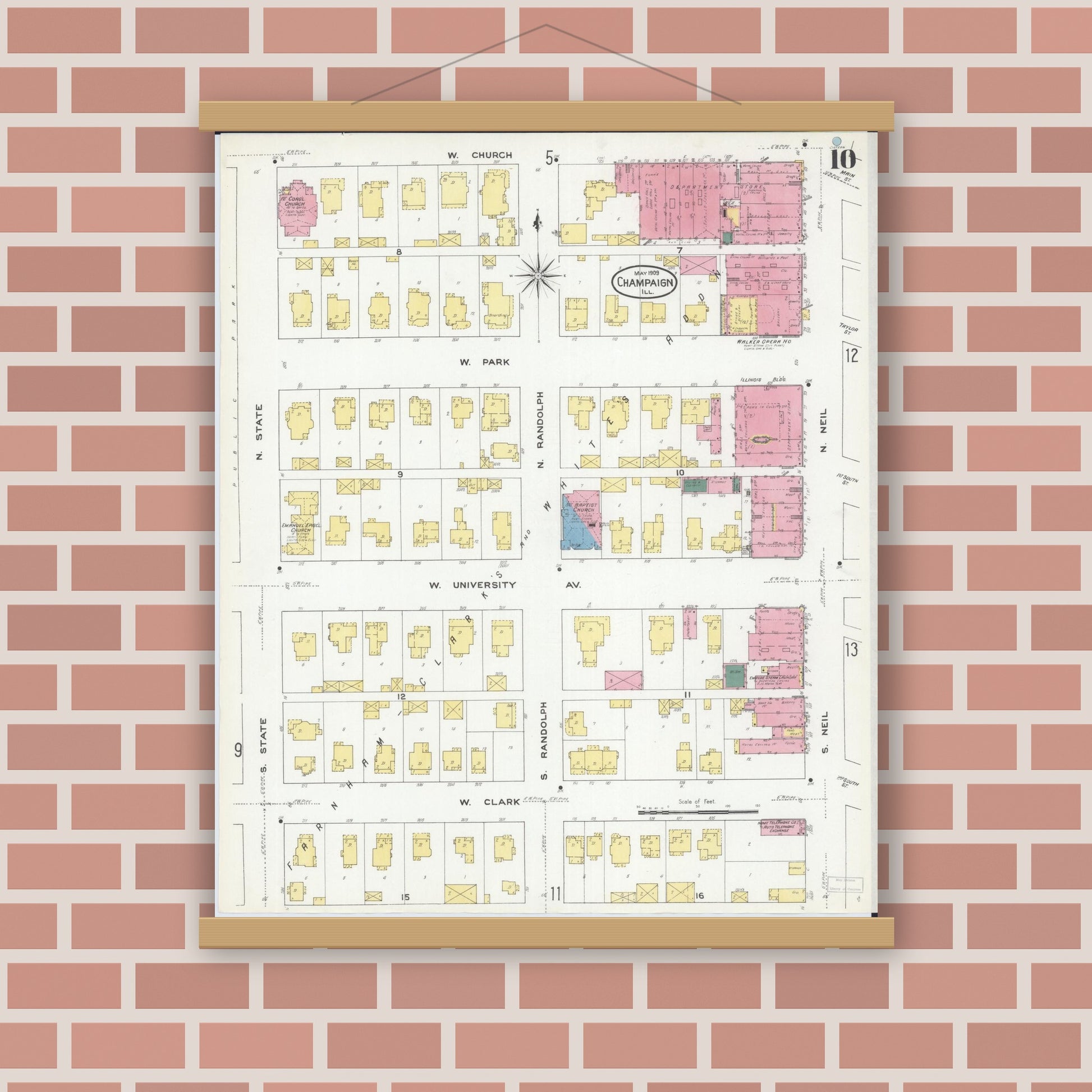 Old map wall art mockup — magnetic wood frame on brick wall — Sanborn Fire Insurance Map from Champaign, Champaign County, Illinois (1909), Sheet #0010