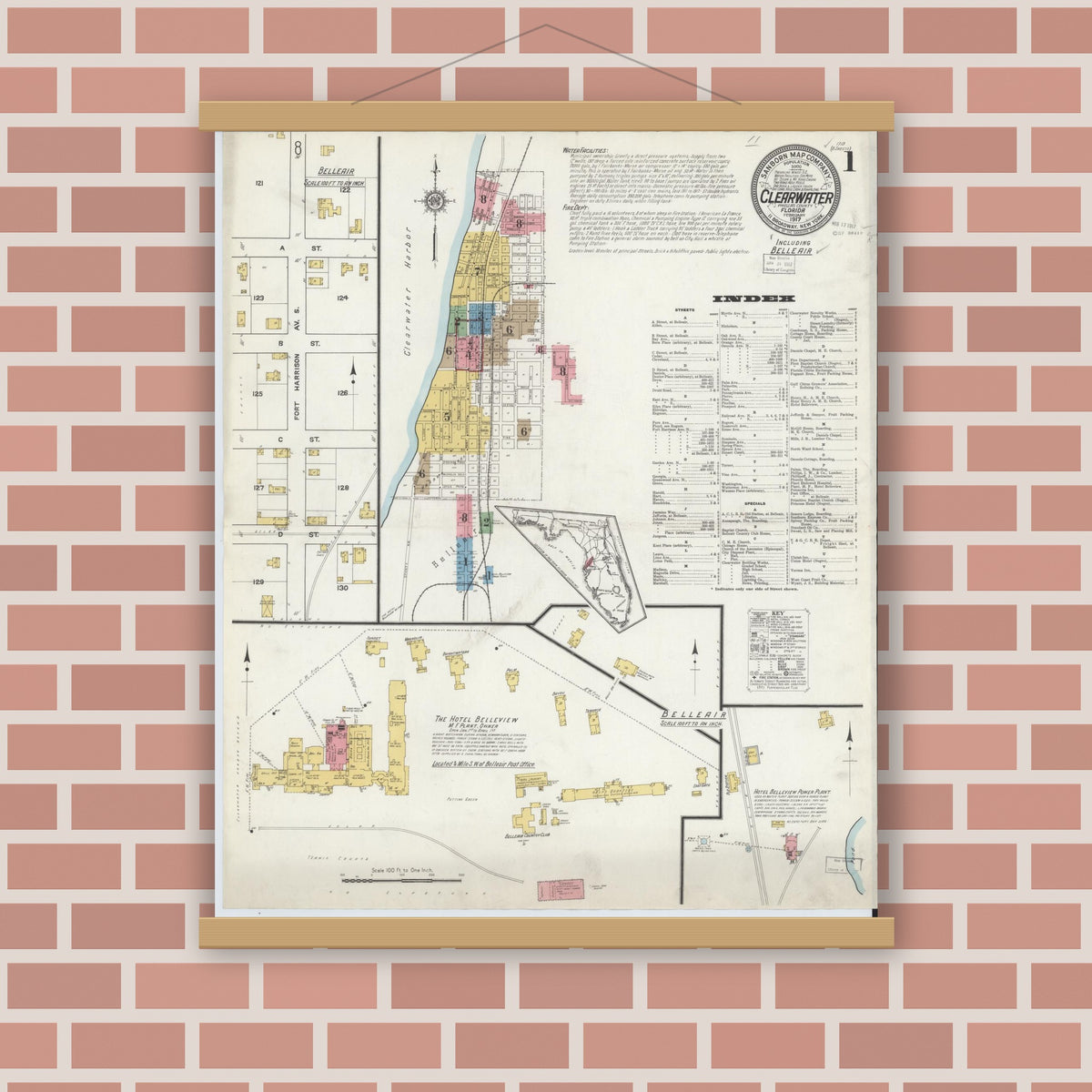Old map wall art mockup — magnetic wood frame on brick wall — Sanborn Fire Insurance Map from Clearwater, Pinellas County, Florida (1917), Sheet #0001