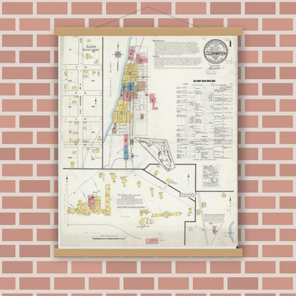 Old map wall art mockup — magnetic wood frame on brick wall — Sanborn Fire Insurance Map from Clearwater, Pinellas County, Florida (1917), Sheet #0001