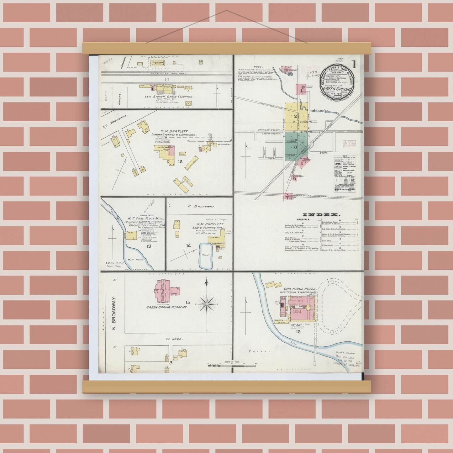 Old map wall art mockup — magnetic wood frame on brick wall — Sanborn Fire Insurance Map from Green Springs, Sandusky And Seneca Counties, Ohio (1893), Sheet #0001
