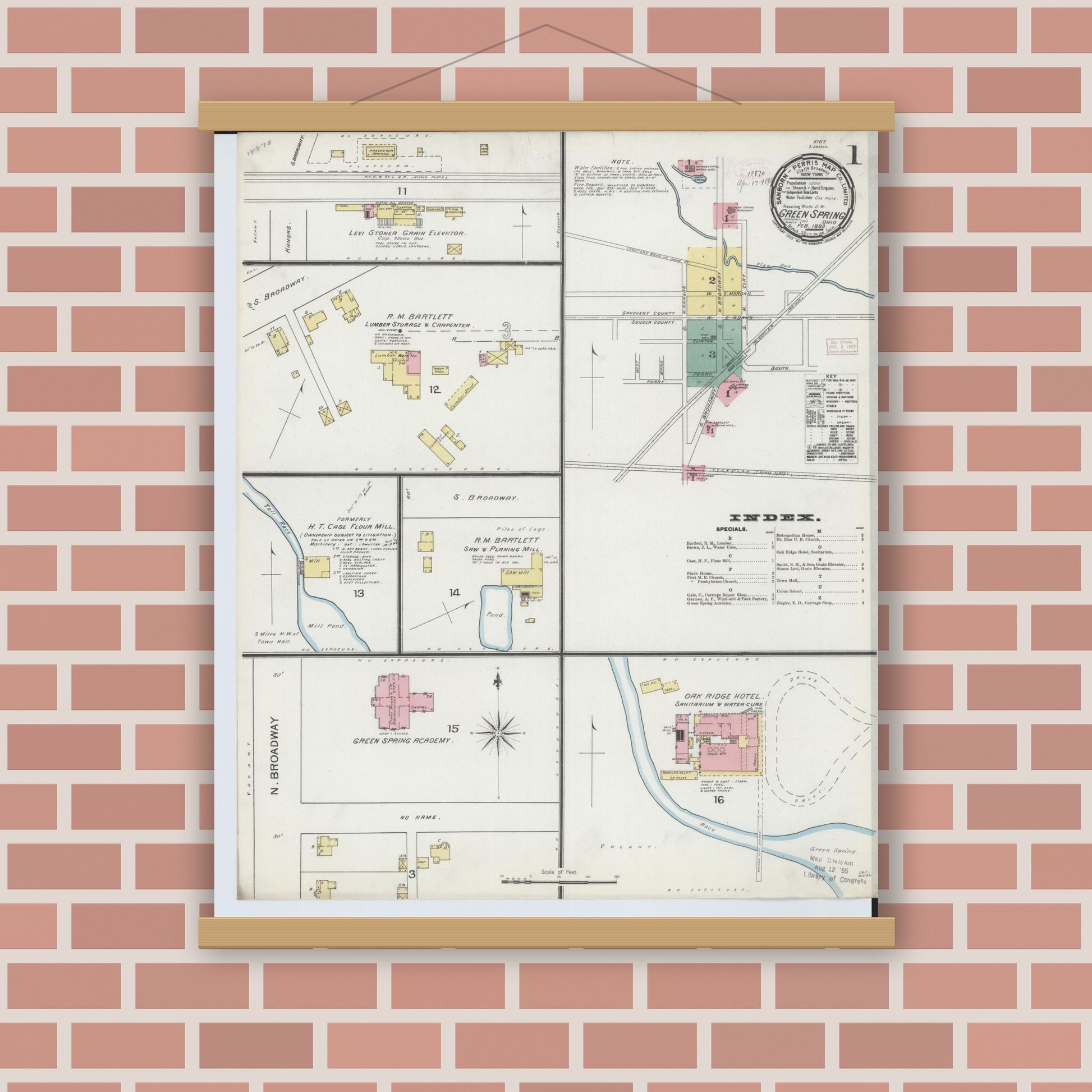 Old map wall art mockup — magnetic wood frame on brick wall — Sanborn Fire Insurance Map from Green Springs, Sandusky And Seneca Counties, Ohio (1893), Sheet #0001
