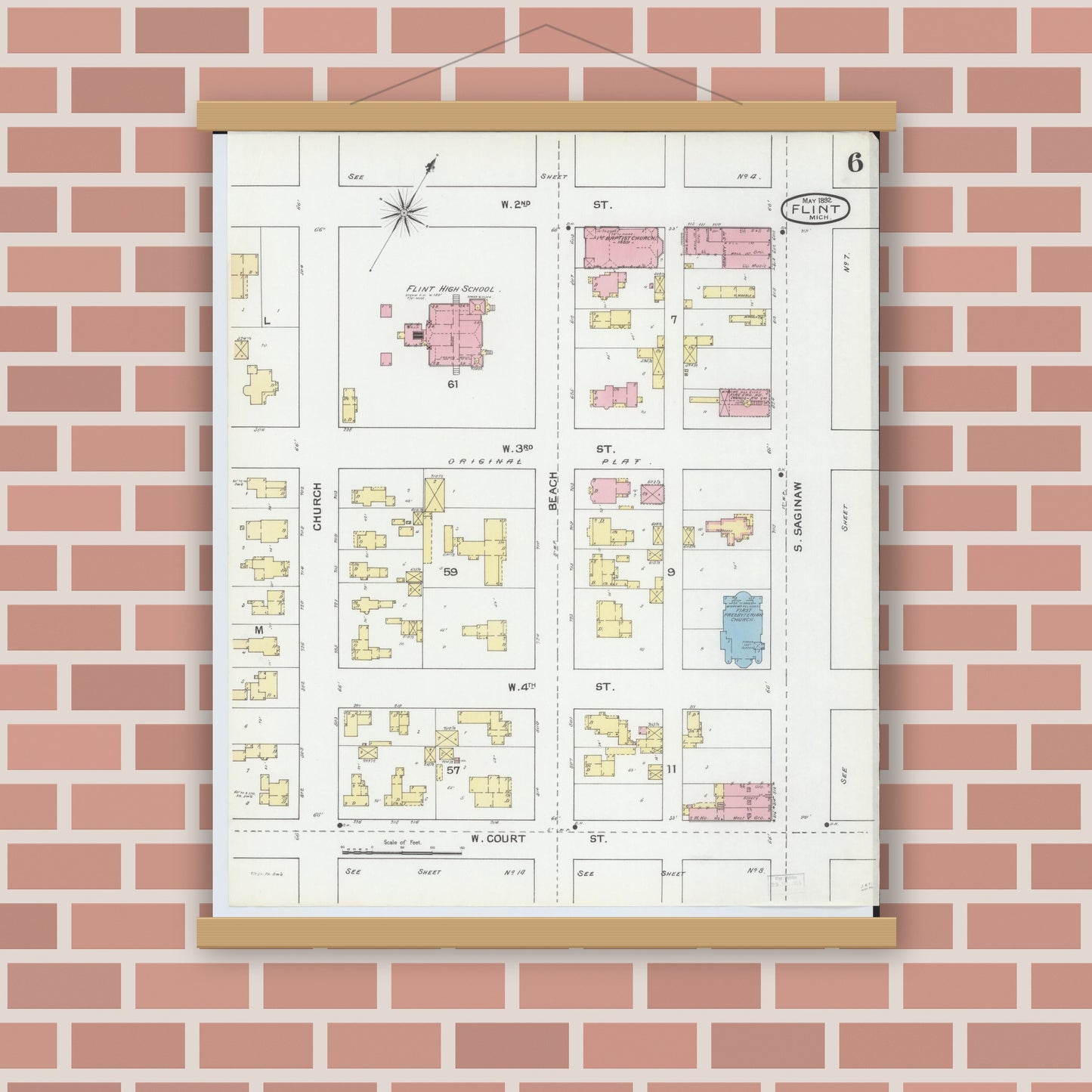 Old map wall art mockup — magnetic wood frame on brick wall — Sanborn Fire Insurance Map from Flint, Genesee County, Michigan (1892), Sheet #0006