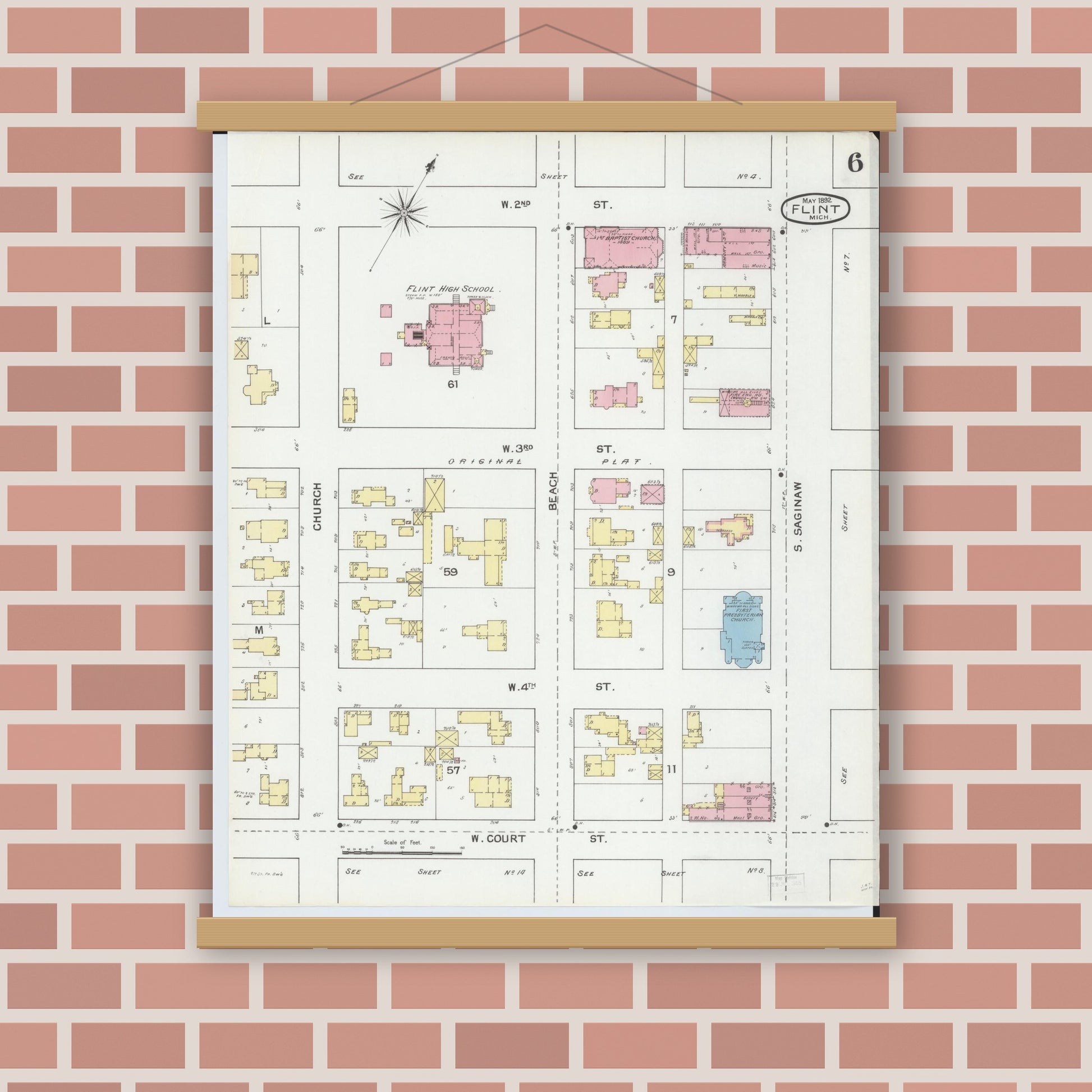 Old map wall art mockup — magnetic wood frame on brick wall — Sanborn Fire Insurance Map from Flint, Genesee County, Michigan (1892), Sheet #0006