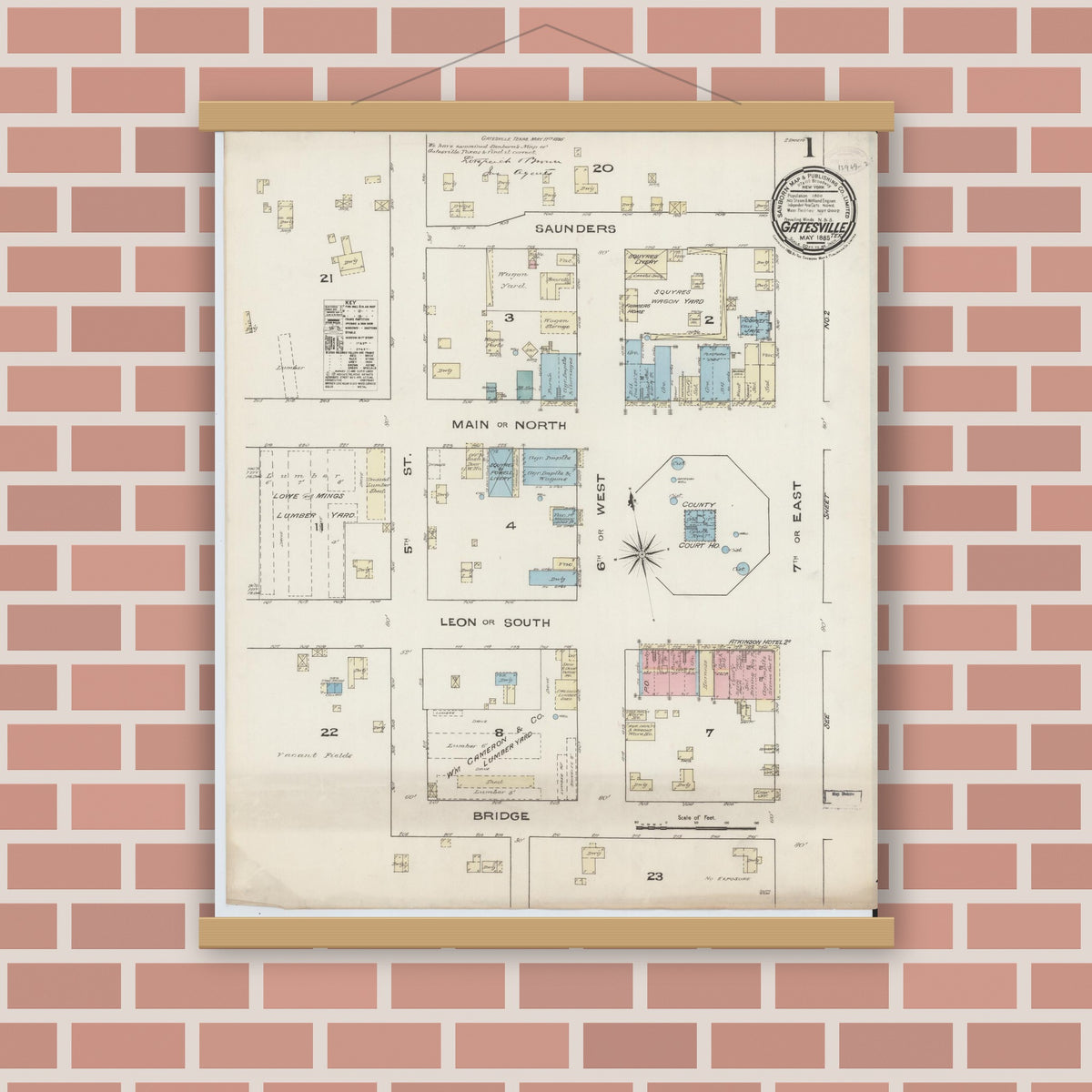 Old map wall art mockup — magnetic wood frame on brick wall — Sanborn Fire Insurance Map from Gatesville, Coryell County, Texas (1885) - Complete Map Set