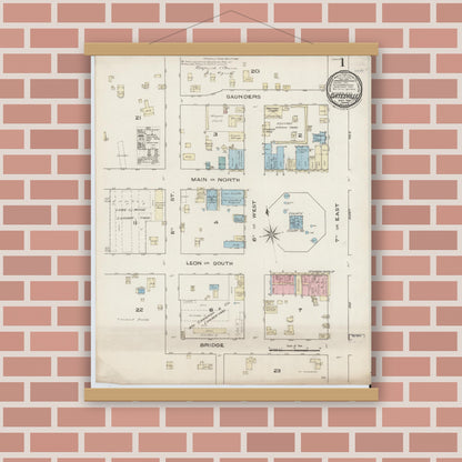 Old map wall art mockup — magnetic wood frame on brick wall — Sanborn Fire Insurance Map from Gatesville, Coryell County, Texas (1885) - Complete Map Set