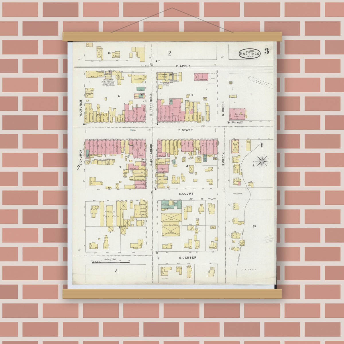 Old map wall art mockup — magnetic wood frame on brick wall — Sanborn Fire Insurance Map from Hastings, Barry County, Michigan (1896), Sheet #0003