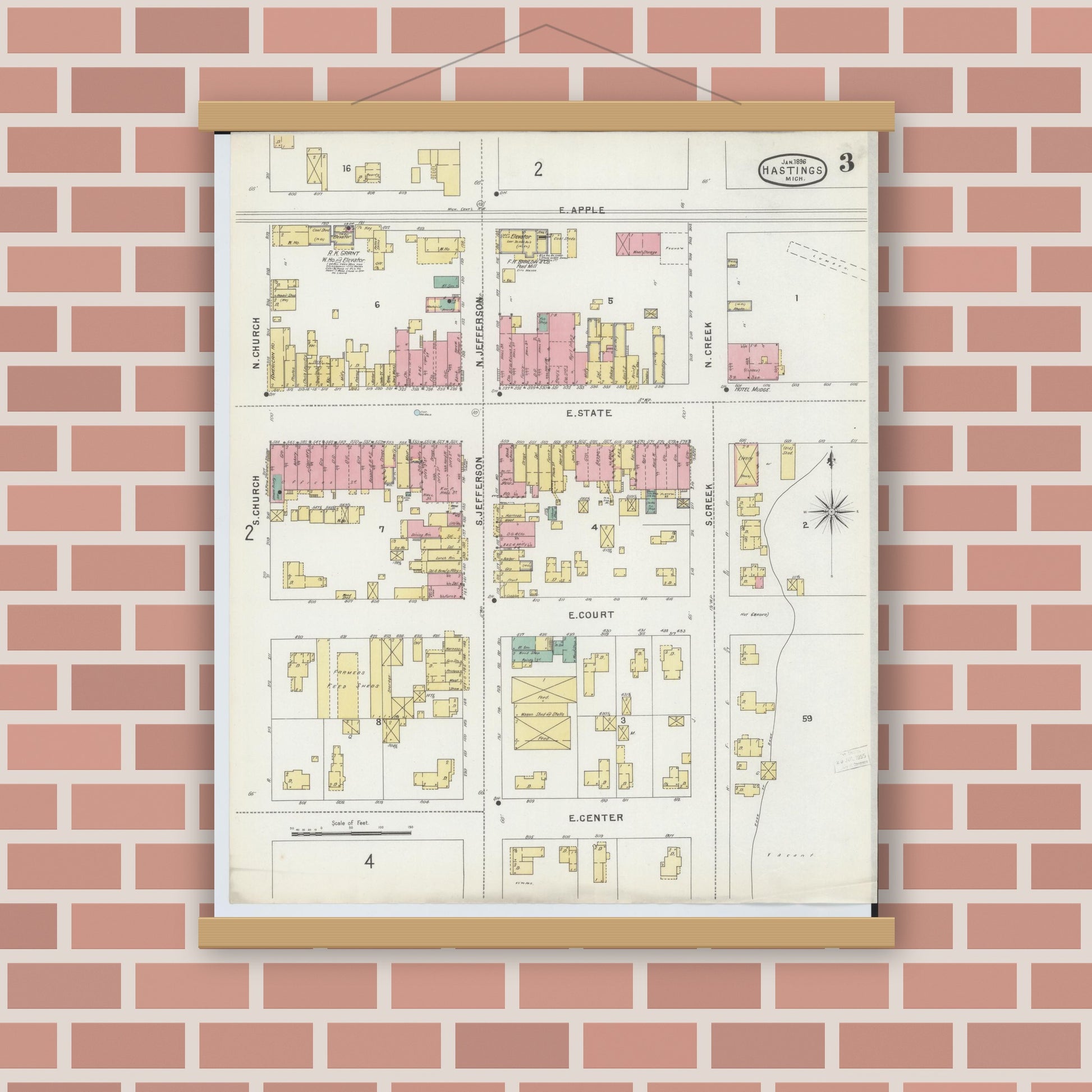Old map wall art mockup — magnetic wood frame on brick wall — Sanborn Fire Insurance Map from Hastings, Barry County, Michigan (1896), Sheet #0003
