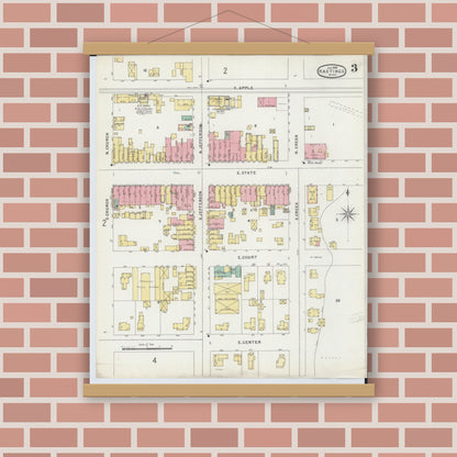 Old map wall art mockup — magnetic wood frame on brick wall — Sanborn Fire Insurance Map from Hastings, Barry County, Michigan (1896), Sheet #0003