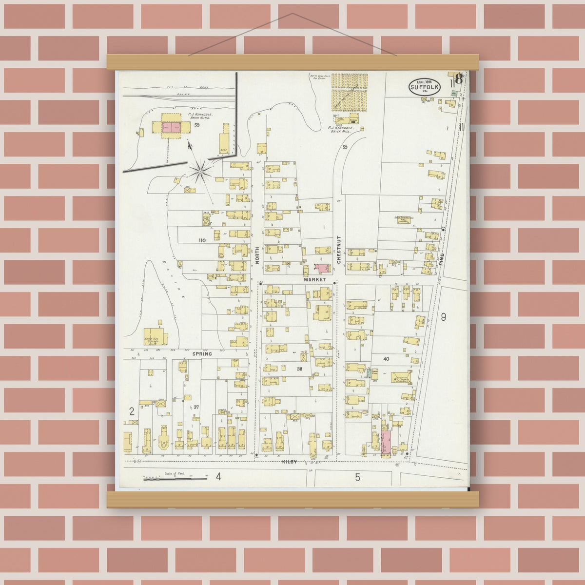 Old map wall art mockup — magnetic wood frame on brick wall — Sanborn Fire Insurance Map from Suffolk, Independent Cities, Virginia (1898), Sheet #0008