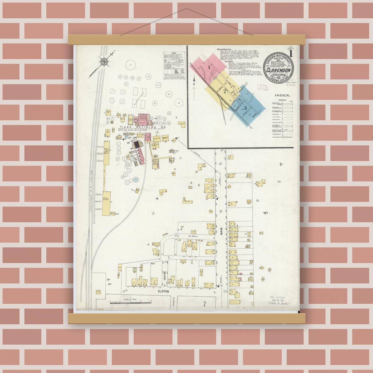 Old map wall art mockup — magnetic wood frame on brick wall — Sanborn Fire Insurance Map from Clarendon, Warren County, Pennsylvania (1912), Sheet #0001