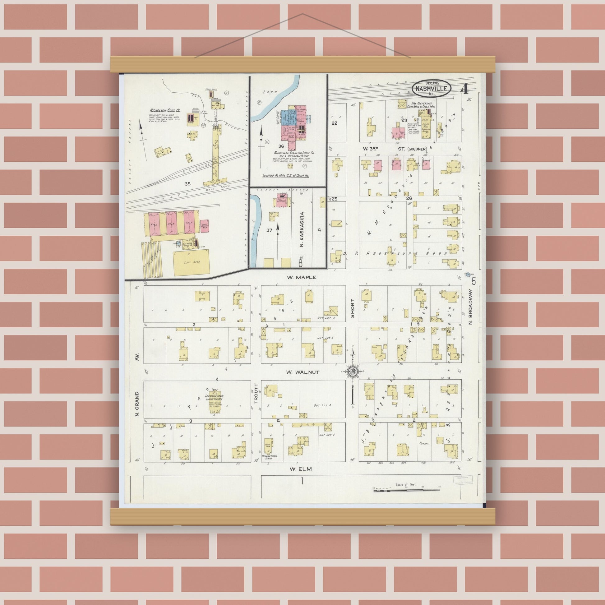 Old map wall art mockup — magnetic wood frame on brick wall — Sanborn Fire Insurance Map from Nashville, Washington County, Illinois (1915), Sheet #0004