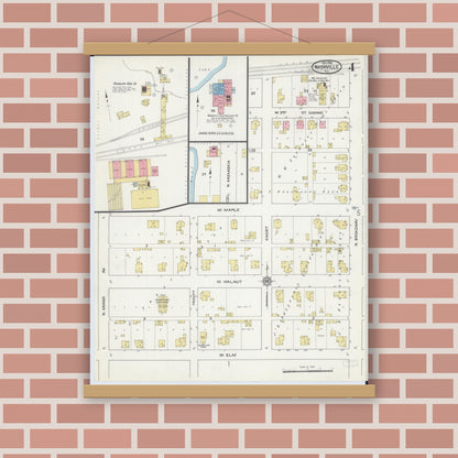 Old map wall art mockup — magnetic wood frame on brick wall — Sanborn Fire Insurance Map from Nashville, Washington County, Illinois (1915), Sheet #0004