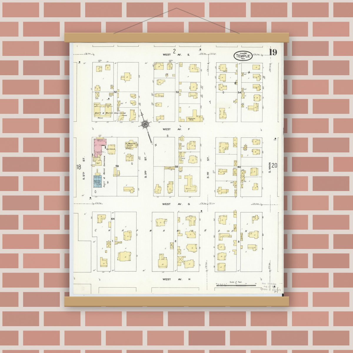 Old map wall art mockup — magnetic wood frame on brick wall — Sanborn Fire Insurance Map from Temple, Bell County, Texas (1910), Sheet #0019