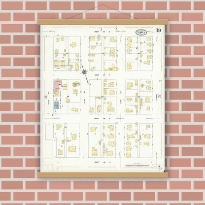Old map wall art mockup — magnetic wood frame on brick wall — Sanborn Fire Insurance Map from Temple, Bell County, Texas (1910), Sheet #0019