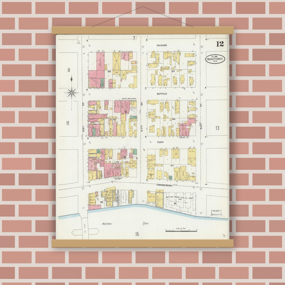 Old map wall art mockup — magnetic wood frame on brick wall — Sanborn Fire Insurance Map from Manitowoc, Manitowoc County, Wisconsin (1906), Sheet #0012