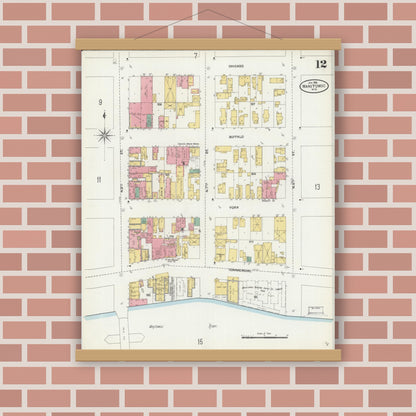 Old map wall art mockup — magnetic wood frame on brick wall — Sanborn Fire Insurance Map from Manitowoc, Manitowoc County, Wisconsin (1906), Sheet #0012