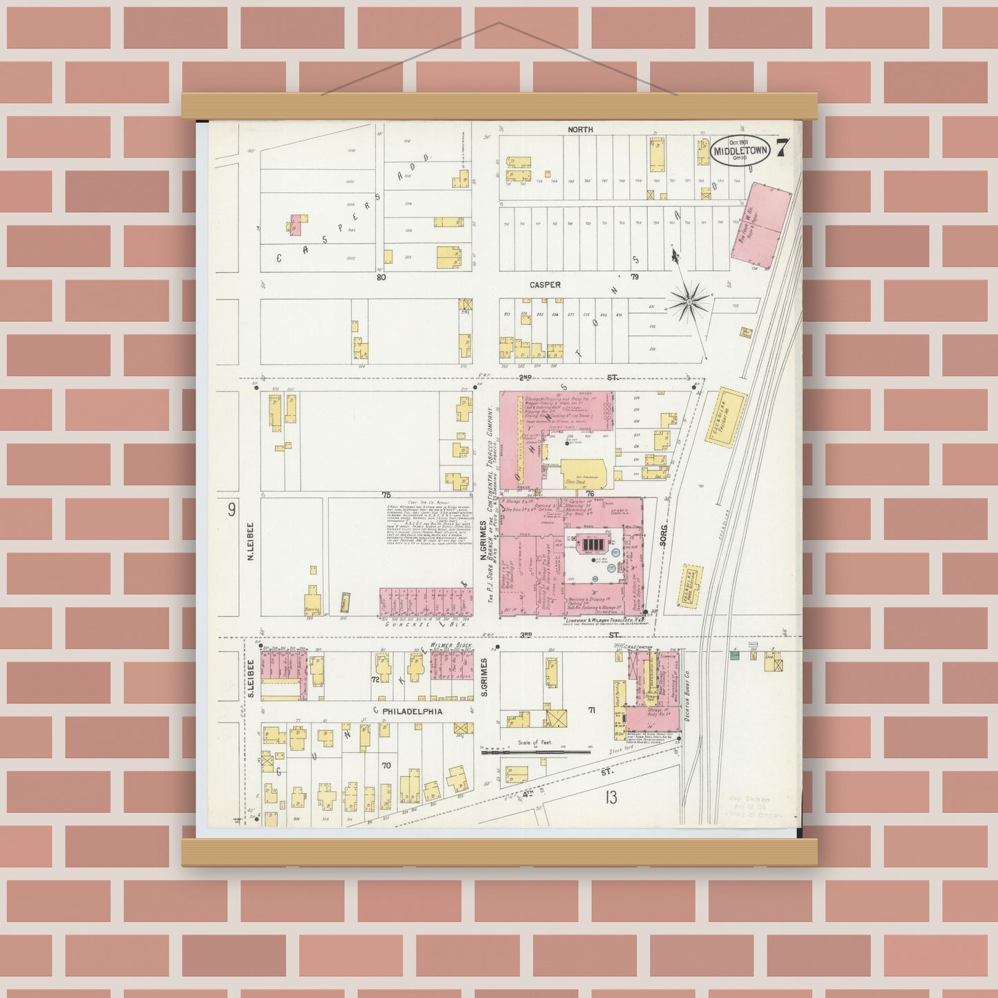 Old map wall art mockup — magnetic wood frame on brick wall — Sanborn Fire Insurance Map from Middletown, Butler County, Ohio (1901), Sheet #0007