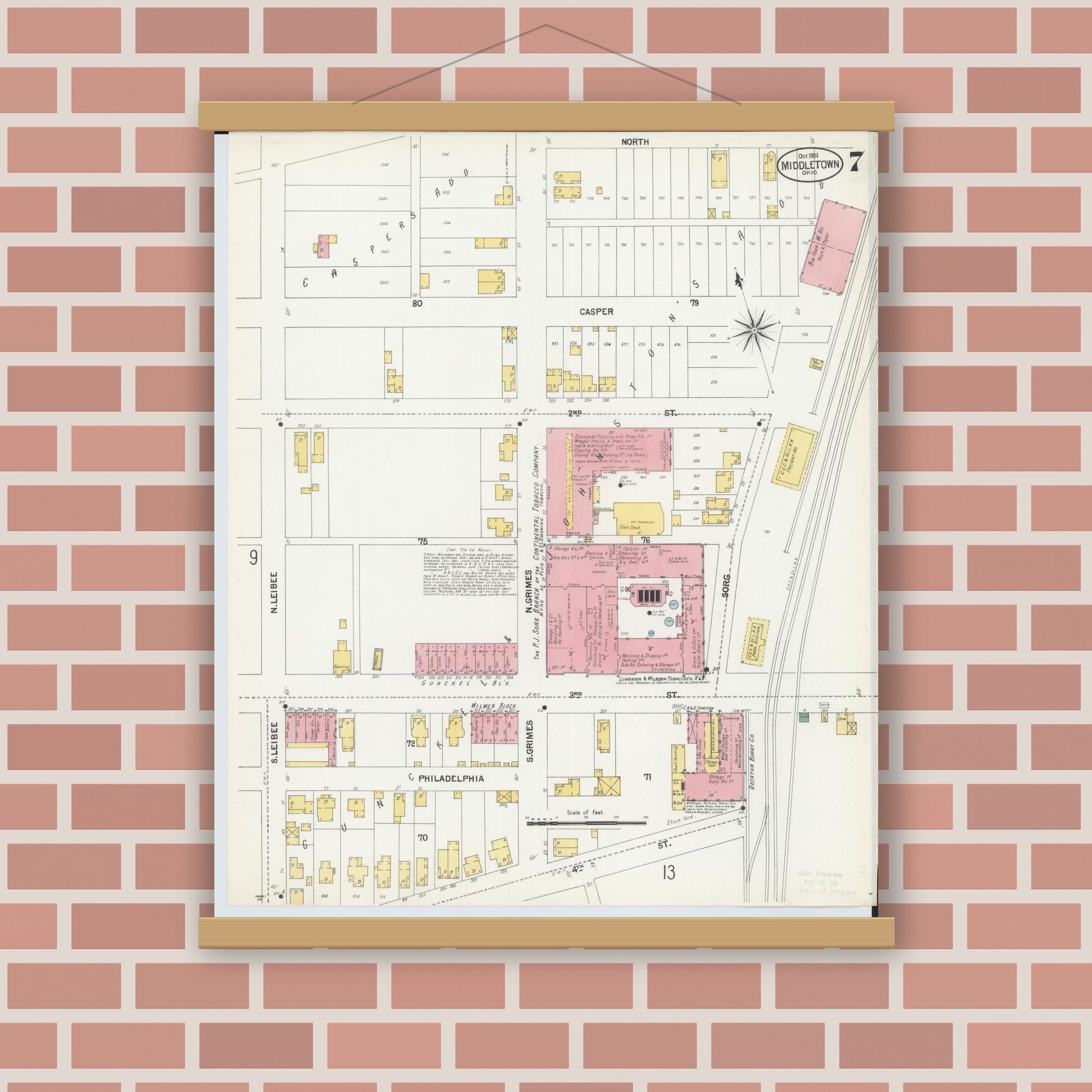 Old map wall art mockup — magnetic wood frame on brick wall — Sanborn Fire Insurance Map from Middletown, Butler County, Ohio (1901), Sheet #0007