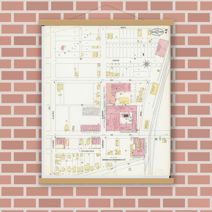 Old map wall art mockup — magnetic wood frame on brick wall — Sanborn Fire Insurance Map from Middletown, Butler County, Ohio (1901), Sheet #0007