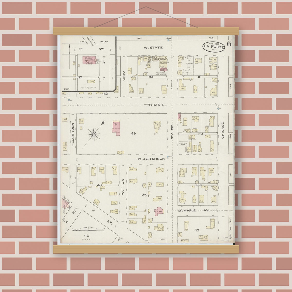 Old map wall art mockup — magnetic wood frame on brick wall — Sanborn Fire Insurance Map from La Porte, La Porte County, Indiana (1886), Sheet #0006