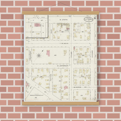 Old map wall art mockup — magnetic wood frame on brick wall — Sanborn Fire Insurance Map from La Porte, La Porte County, Indiana (1886), Sheet #0006