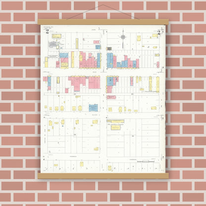 Old map wall art mockup — magnetic wood frame on brick wall — Sanborn Fire Insurance Map from Quitaque, Briscoe County, Texas (1936), Sheet #0002