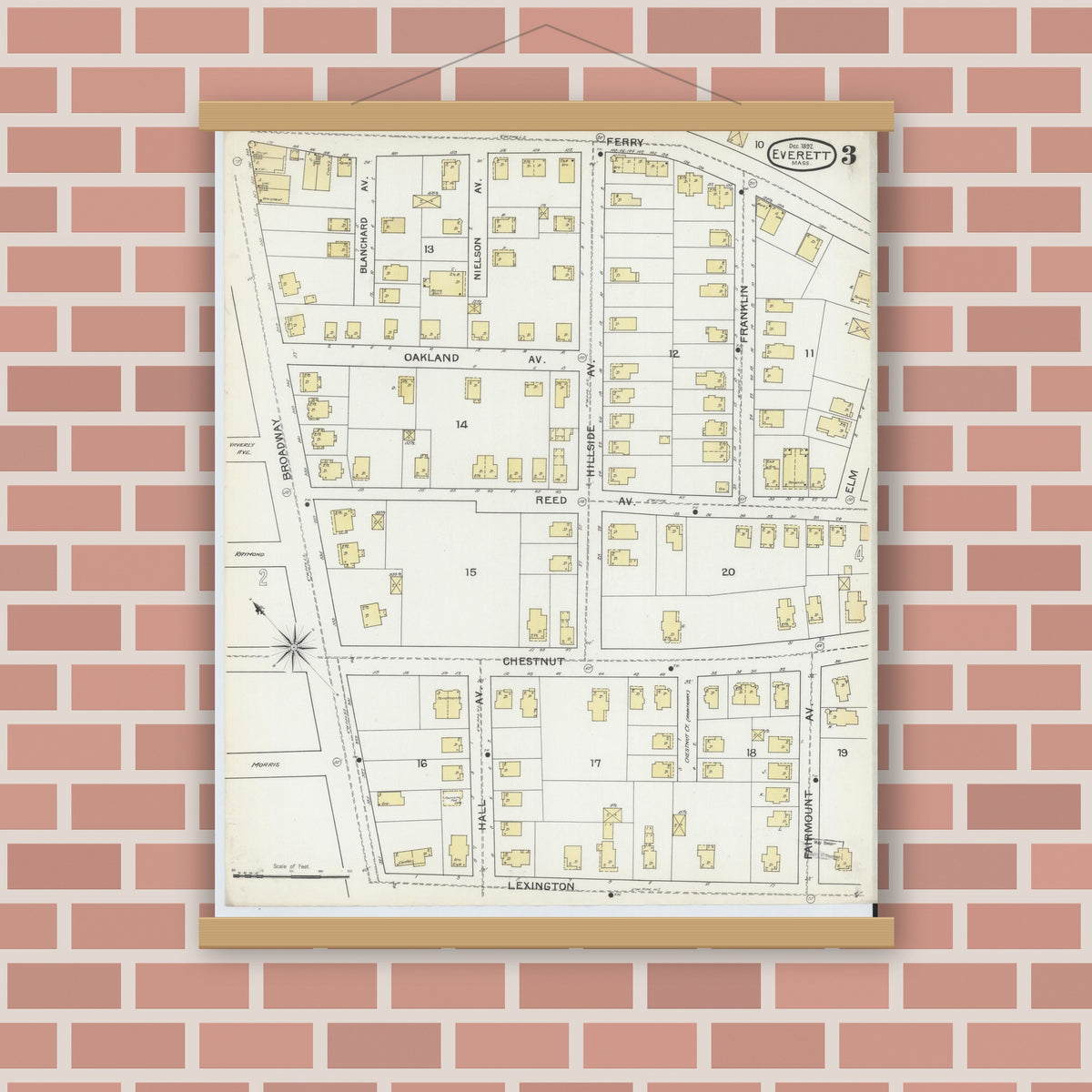 Old map wall art mockup — magnetic wood frame on brick wall — Sanborn Fire Insurance Map from Everett, Middlesex County, Massachusetts (1892), Sheet #0003