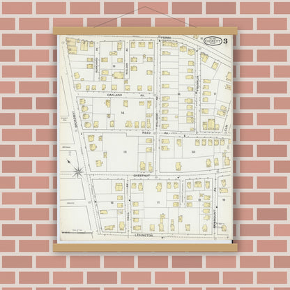 Old map wall art mockup — magnetic wood frame on brick wall — Sanborn Fire Insurance Map from Everett, Middlesex County, Massachusetts (1892), Sheet #0003