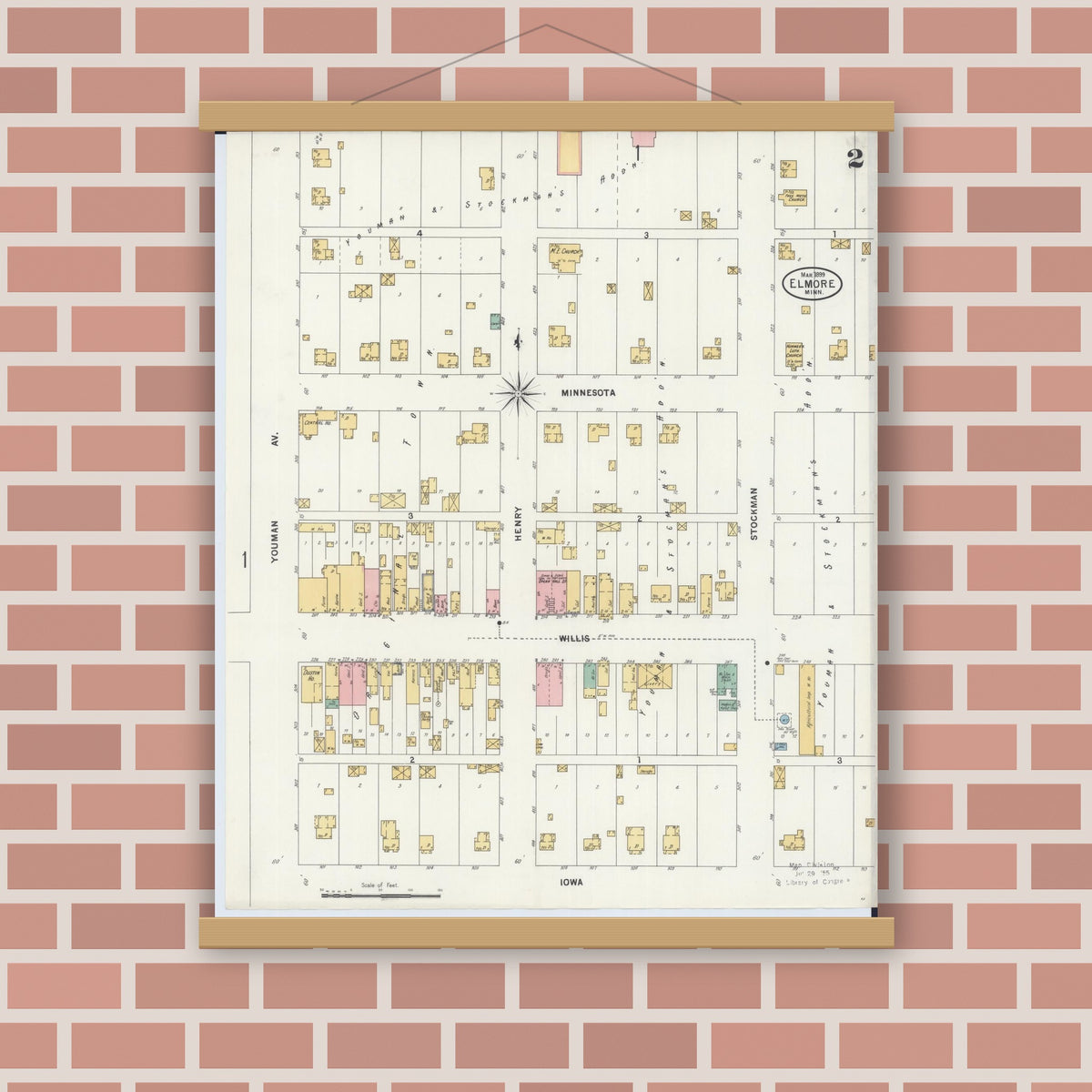 Old map wall art mockup — magnetic wood frame on brick wall — Sanborn Fire Insurance Map from Elmore, Faribault County, Minnesota (1899), Sheet #0002
