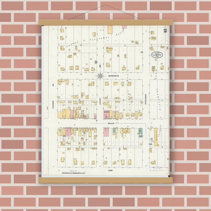 Old map wall art mockup — magnetic wood frame on brick wall — Sanborn Fire Insurance Map from Elmore, Faribault County, Minnesota (1899), Sheet #0002