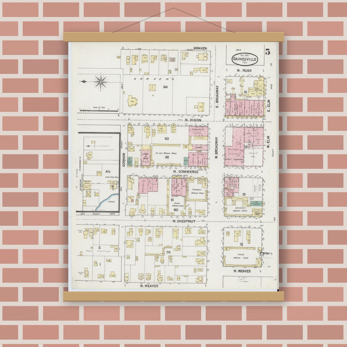 Old map wall art mockup — magnetic wood frame on brick wall — Sanborn Fire Insurance Map from Gainesville, Cooke County, Texas (1888), Sheet #0005