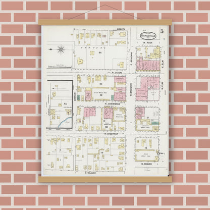 Old map wall art mockup — magnetic wood frame on brick wall — Sanborn Fire Insurance Map from Gainesville, Cooke County, Texas (1888), Sheet #0005