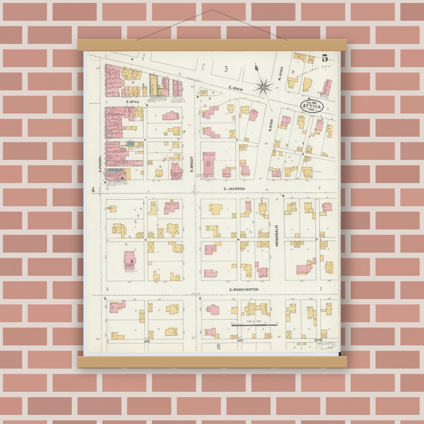 Old map wall art mockup — magnetic wood frame on brick wall — Sanborn Fire Insurance Map from Attica, Fountain County, Indiana (1905), Sheet #0005