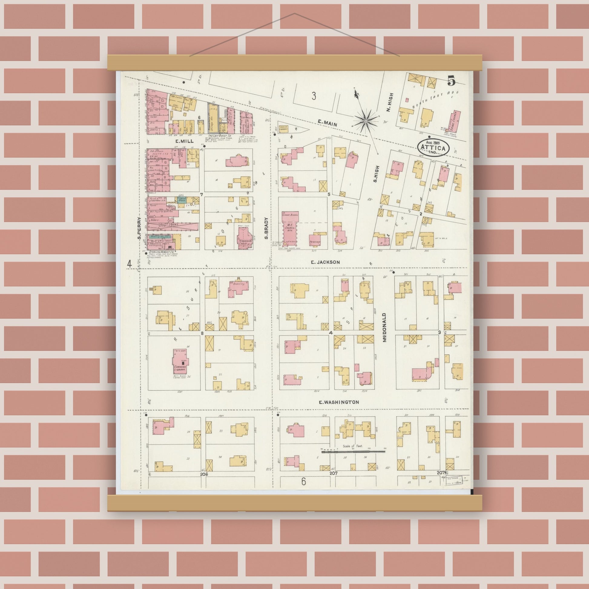 Old map wall art mockup — magnetic wood frame on brick wall — Sanborn Fire Insurance Map from Attica, Fountain County, Indiana (1905), Sheet #0005