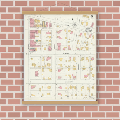 Old map wall art mockup — magnetic wood frame on brick wall — Sanborn Fire Insurance Map from Attica, Fountain County, Indiana (1905), Sheet #0005