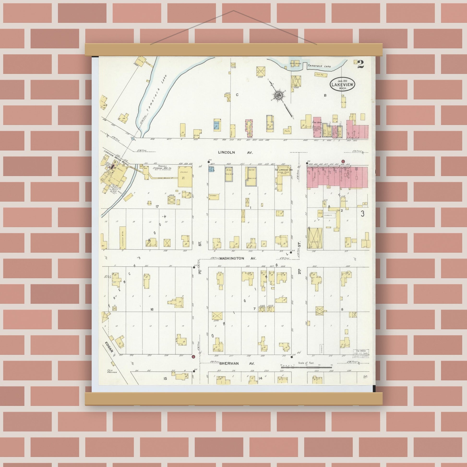 Old map wall art mockup — magnetic wood frame on brick wall — Sanborn Fire Insurance Map from Lakeview, Montcalm County, Michigan (1911), Sheet #0002