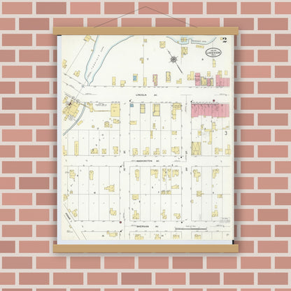 Old map wall art mockup — magnetic wood frame on brick wall — Sanborn Fire Insurance Map from Lakeview, Montcalm County, Michigan (1911), Sheet #0002