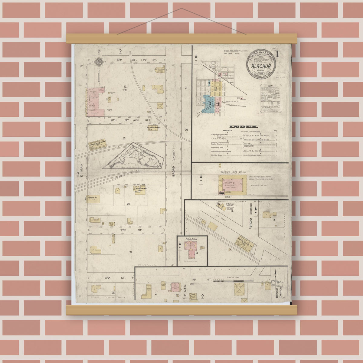 Old map wall art mockup — magnetic wood frame on brick wall — Sanborn Fire Insurance Map from Alachua, Alachua County, Florida (1912) - Complete Map Set