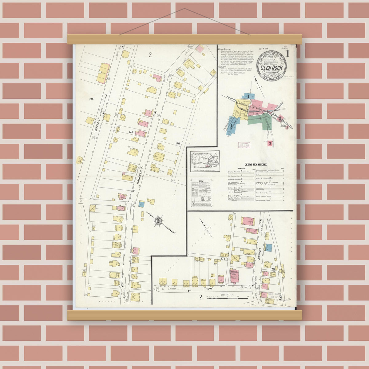 Old map wall art mockup — magnetic wood frame on brick wall — Sanborn Fire Insurance Map from Glen Rock, York County, Pennsylvania (1913) - Complete Map Set