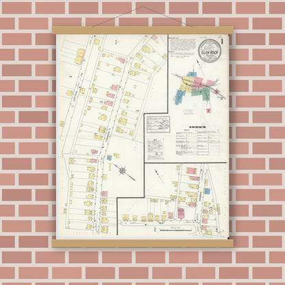 Old map wall art mockup — magnetic wood frame on brick wall — Sanborn Fire Insurance Map from Glen Rock, York County, Pennsylvania (1913) - Complete Map Set