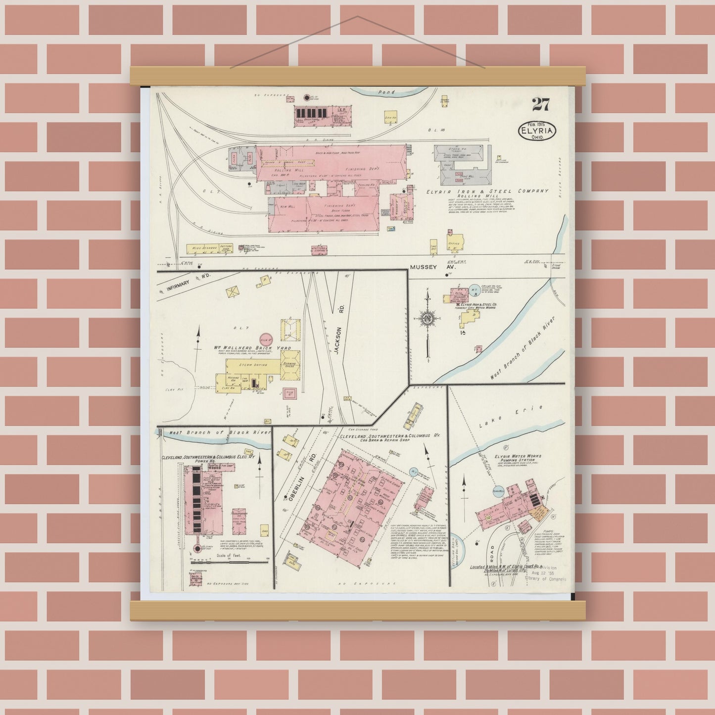 Old map wall art mockup — magnetic wood frame on brick wall — Sanborn Fire Insurance Map from Elyria, Lorain County, Ohio (1915), Sheet #0027