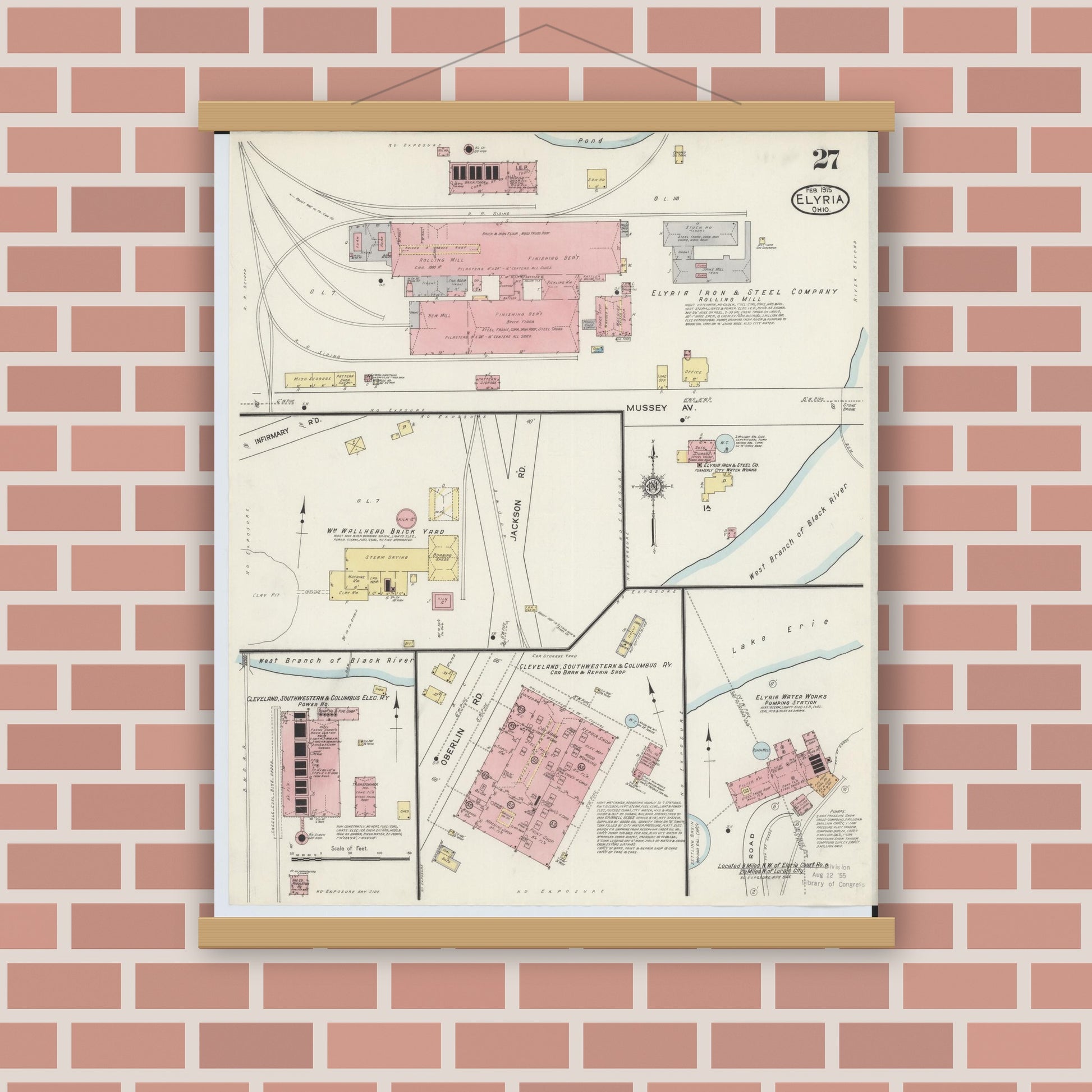 Old map wall art mockup — magnetic wood frame on brick wall — Sanborn Fire Insurance Map from Elyria, Lorain County, Ohio (1915), Sheet #0027
