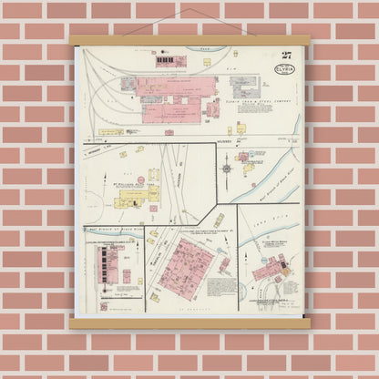 Old map wall art mockup — magnetic wood frame on brick wall — Sanborn Fire Insurance Map from Elyria, Lorain County, Ohio (1915), Sheet #0027