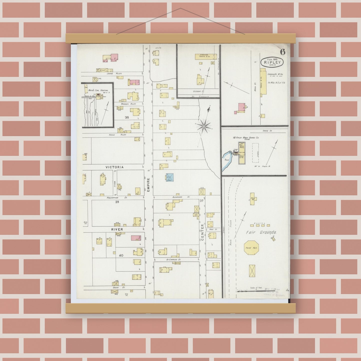 Old map wall art mockup — magnetic wood frame on brick wall — Sanborn Fire Insurance Map from Ripley, Brown County, Ohio (1895), Sheet #0006